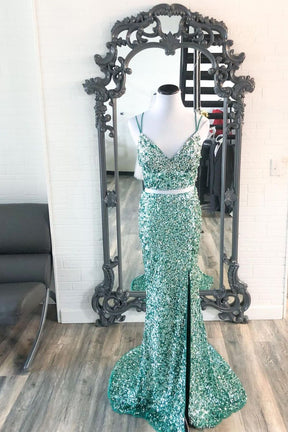 Dressime Two Pieces Spaghetti Straps Sequins Mermaid Prom Dresses with Slit