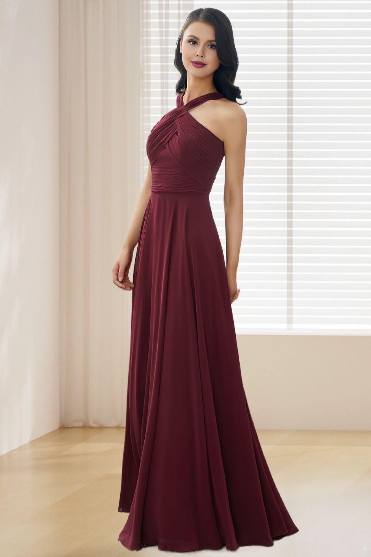 Dressime A Line Halter Chiffon Long Bridesmaid Dress