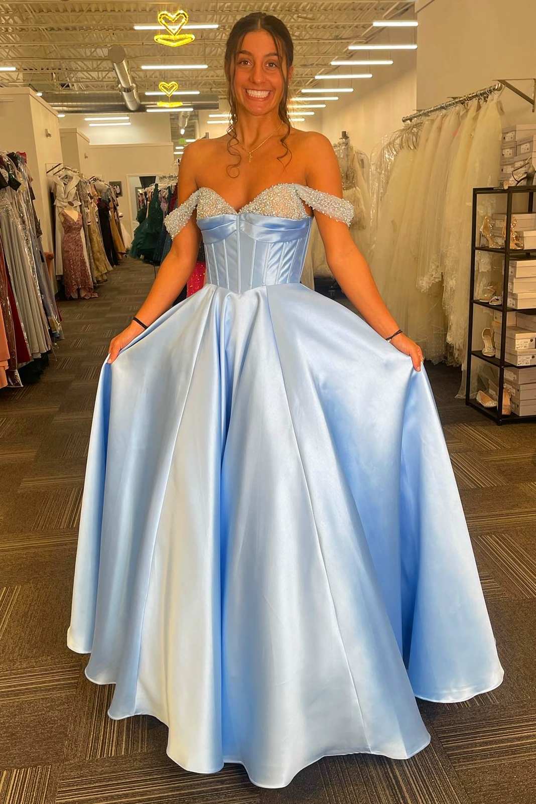 Dressime Princess Satin Off-the-Shoulder A Line Prom Dress