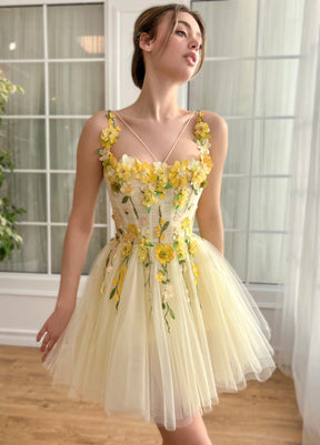 Dressime A Line Spaghetti Straps Tulle Short/Mini Party Dress With 3D Flowers