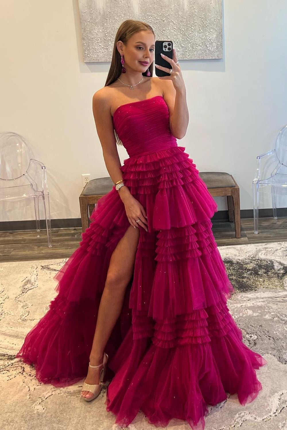 Dressime Strapless A-line Multi-Tiered Tulle Long Prom Dresses with Slit