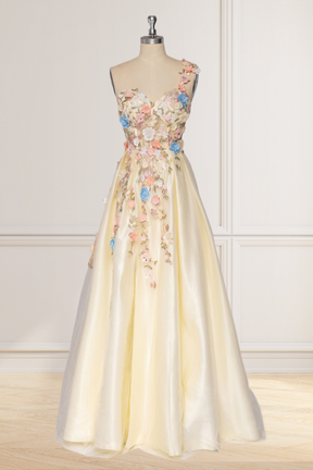 Dressime One Shoulder Champagne Long Prom Dress with Flowers Slit