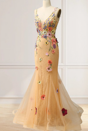 Dressime Mermaid V Neck Tulle With Appliques Floor Length Prom Dresses