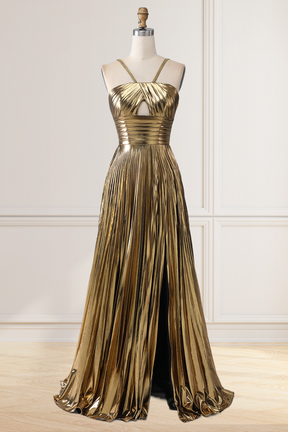 Dressime A Line Key Hole Metallic Pleated Long Prom Dress with Slit