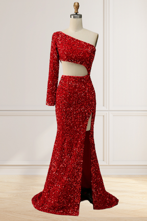 Dressime Sheath One Shoulder Red Sequins Long Prom Dress with Silt