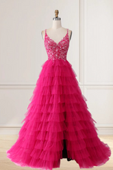 Dressime A Line V Neck Lace Appliques Ruffle Tiered Long Prom Dresses