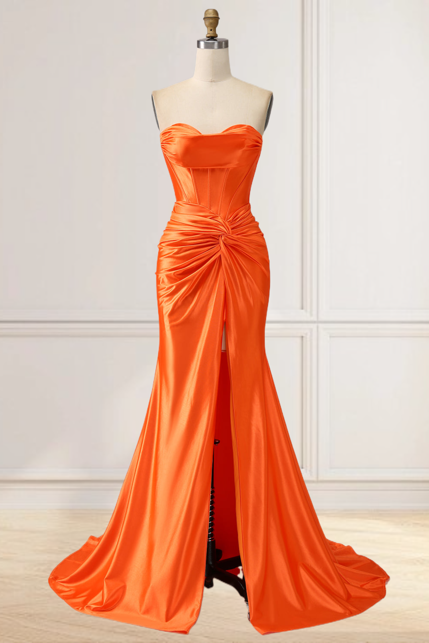 Dressime Mermaid Satin Strapless Twist-Front Long Dresses with Slit
