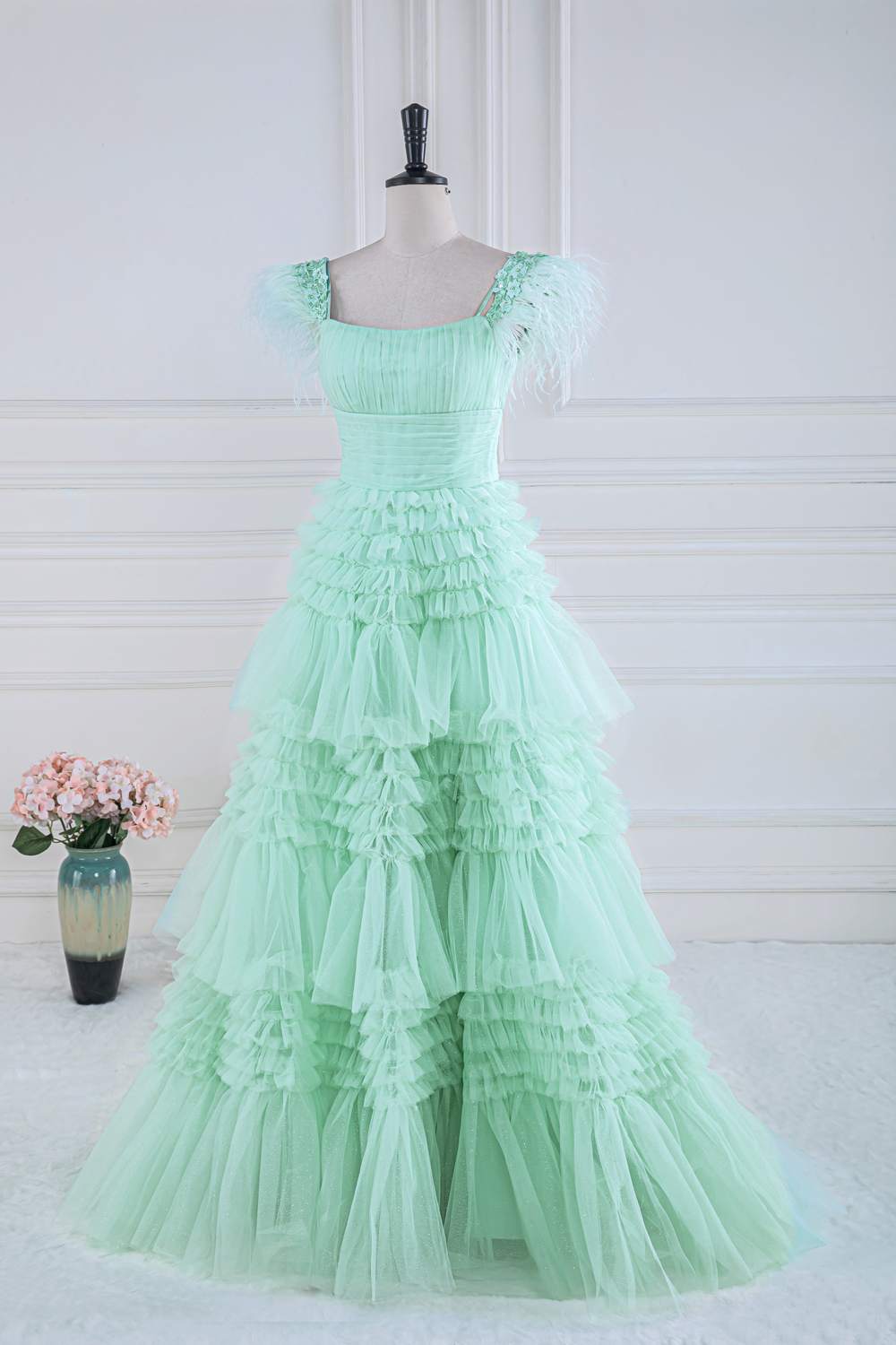 Dressime A Line Off the Shoulder Tulle Tiered Long Prom Dress with Feathers