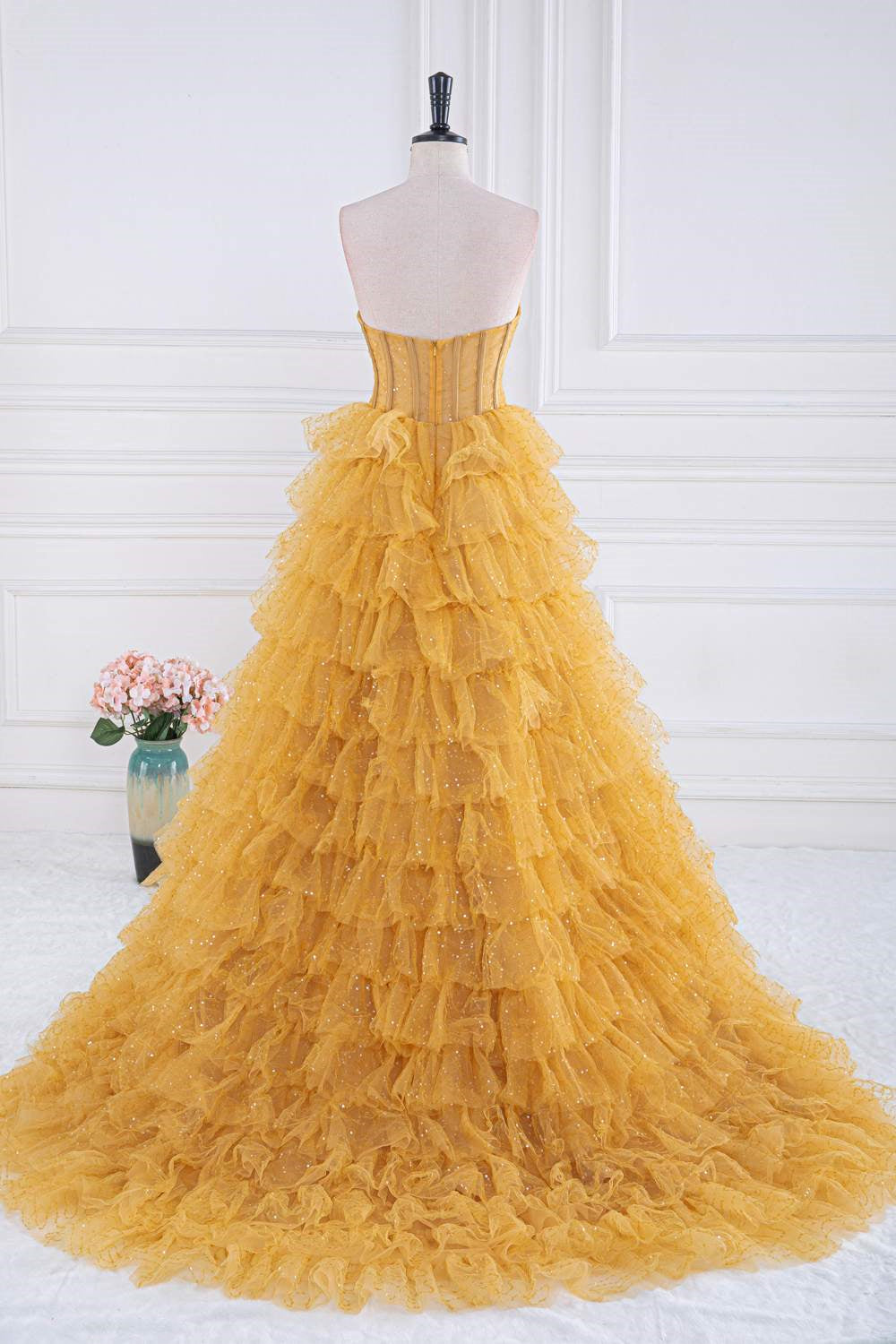 Dressime A-Line Strapless Tulle Sequin Tiered Prom Dresses