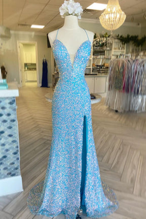 Dressime Memaid Spaghetti Straps Sequin Long Prom Dress With Slit