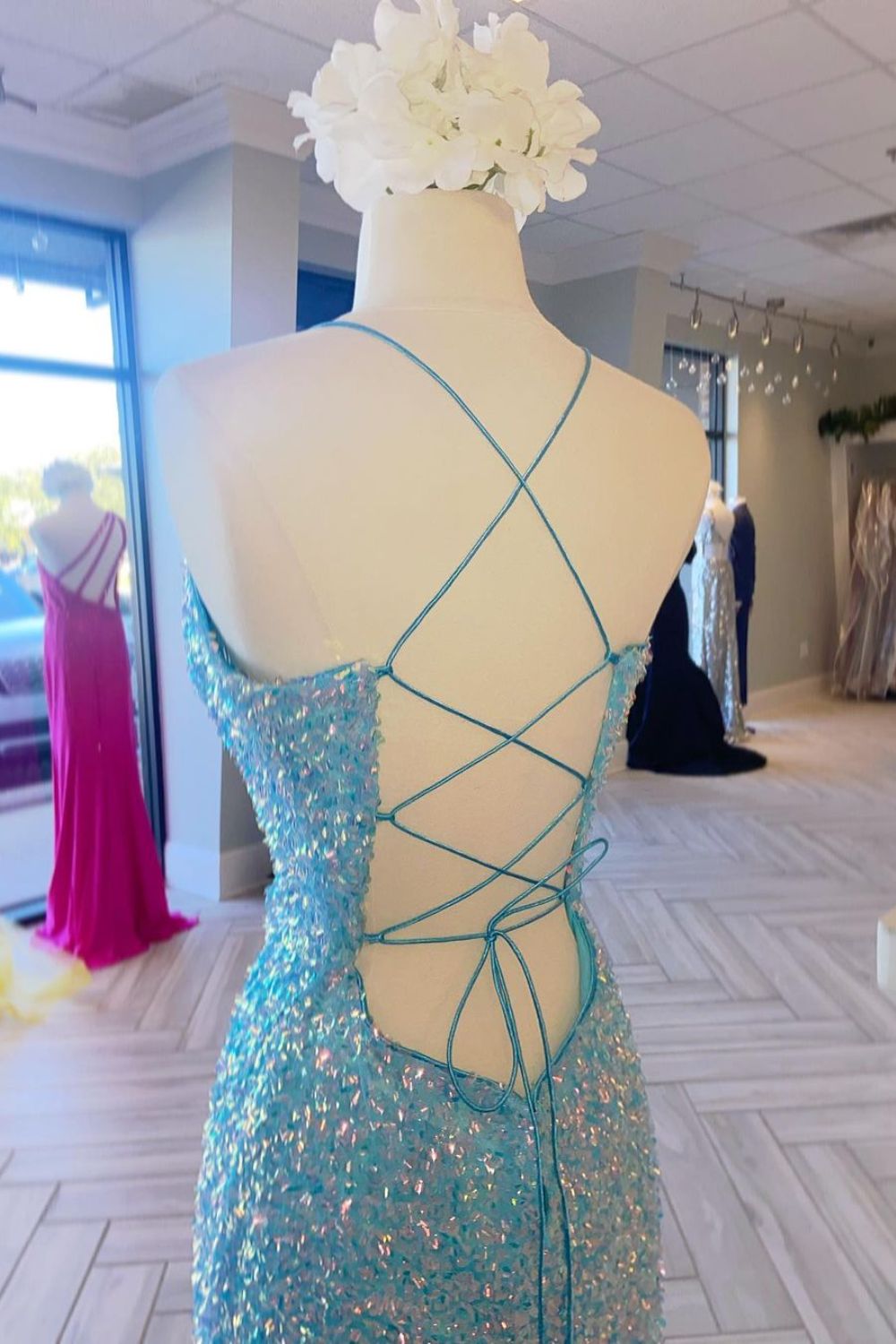 Dressime Memaid Spaghetti Straps Sequin Long Prom Dress With Slit