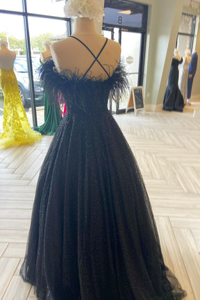 Dressime A Line Spaghetti Straps Tulle Long Prom Dress With Feather