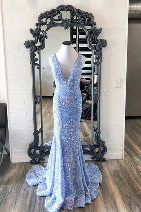 Dressime Mermaid Sequin V Neck Open Back Long Prom Dresses