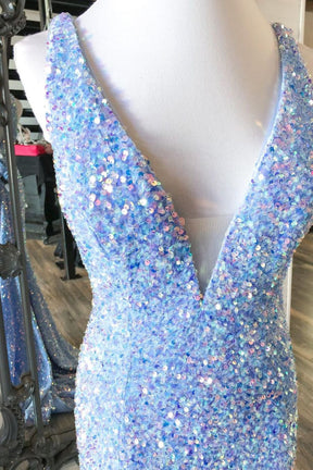 Dressime Mermaid Sequin V Neck Open Back Long Prom Dresses