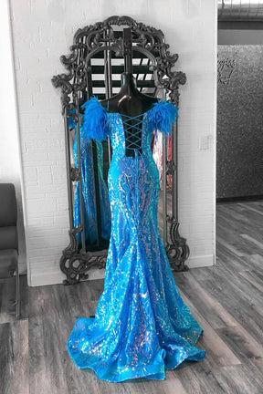 Dressime Mermaid Off The shoulder Sequin Appliques Feather Prom Dress With Slit