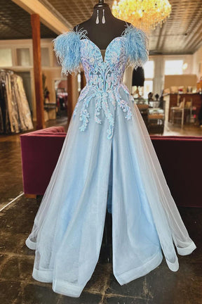 Dressime A Line Off the Shoulder Tulle Slit Long Prom Dress With Sequin Applique & Feather