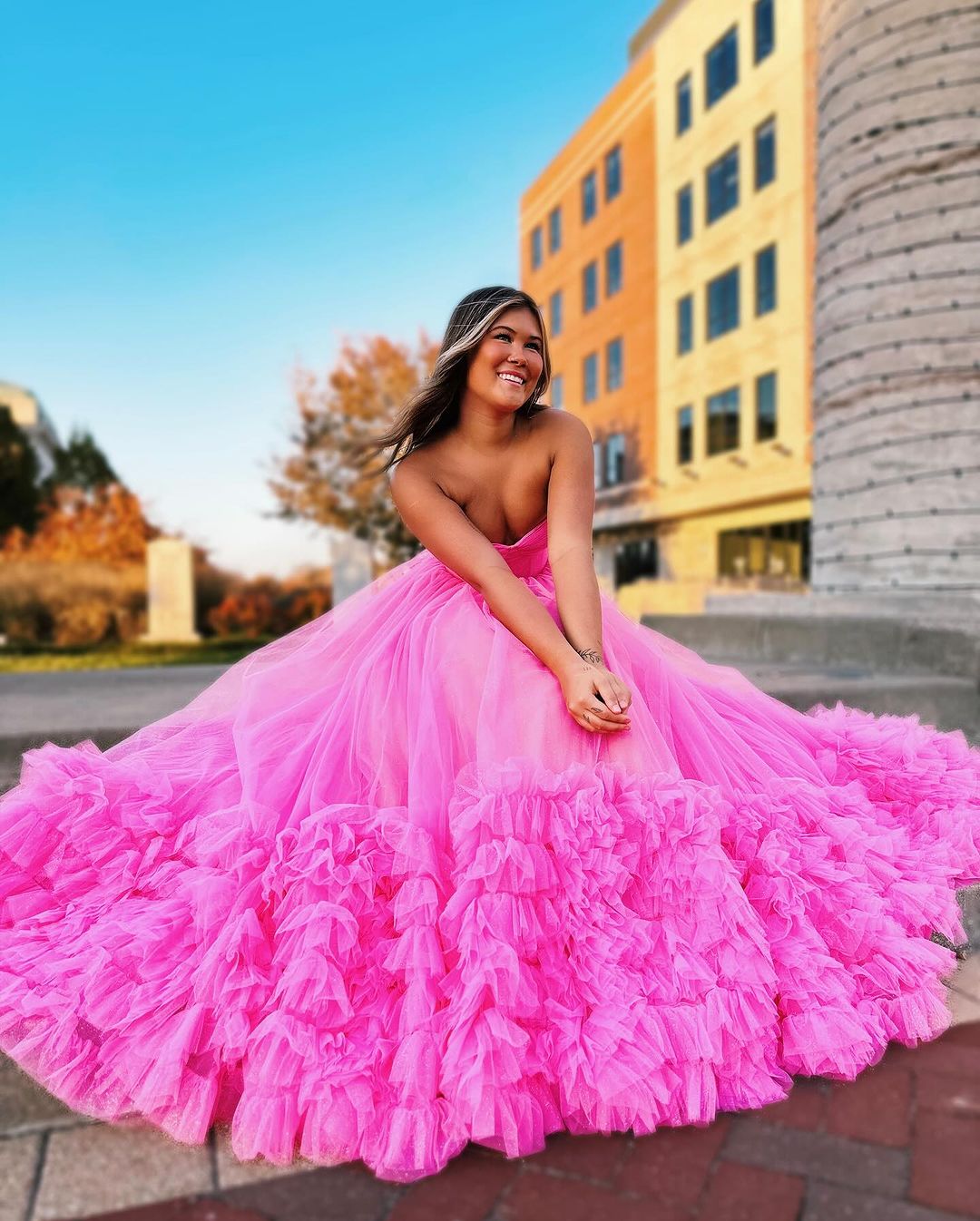 Dressime A Line Strapless Tulle Ruffle Long Prom Dress