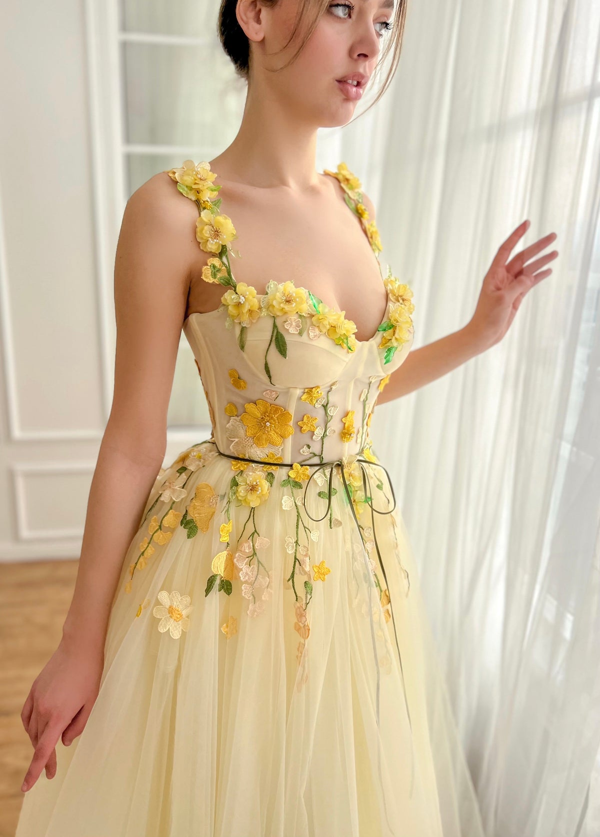 Dressime A Line Spaghetti Straps Tulle Midi Party Dress With 3D Flowers