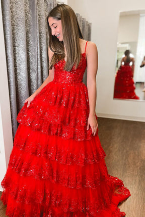Dressime A Line Spaghetti Straps Tiered Sequin Embroidery Long Prom Dresses