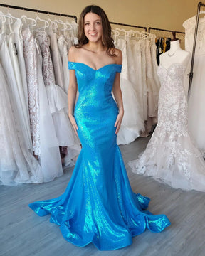Dressime Mermaid Off The Shoulder Sequin Corset Open Back Long Prom Dress