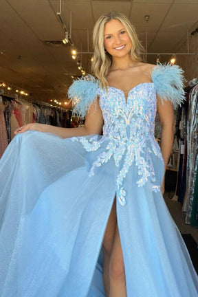 Dressime A Line Off the Shoulder Tulle Slit Long Prom Dress With Sequin Applique & Feather