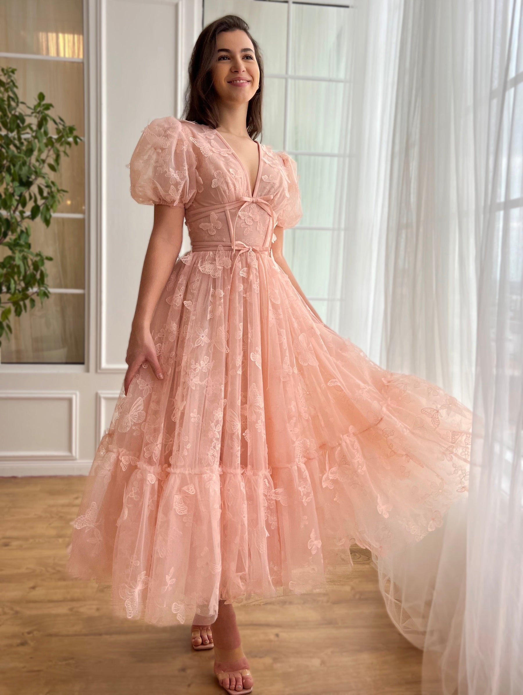 Dressime A Line V Neck Tulle Midi Party Dress With Butterfly