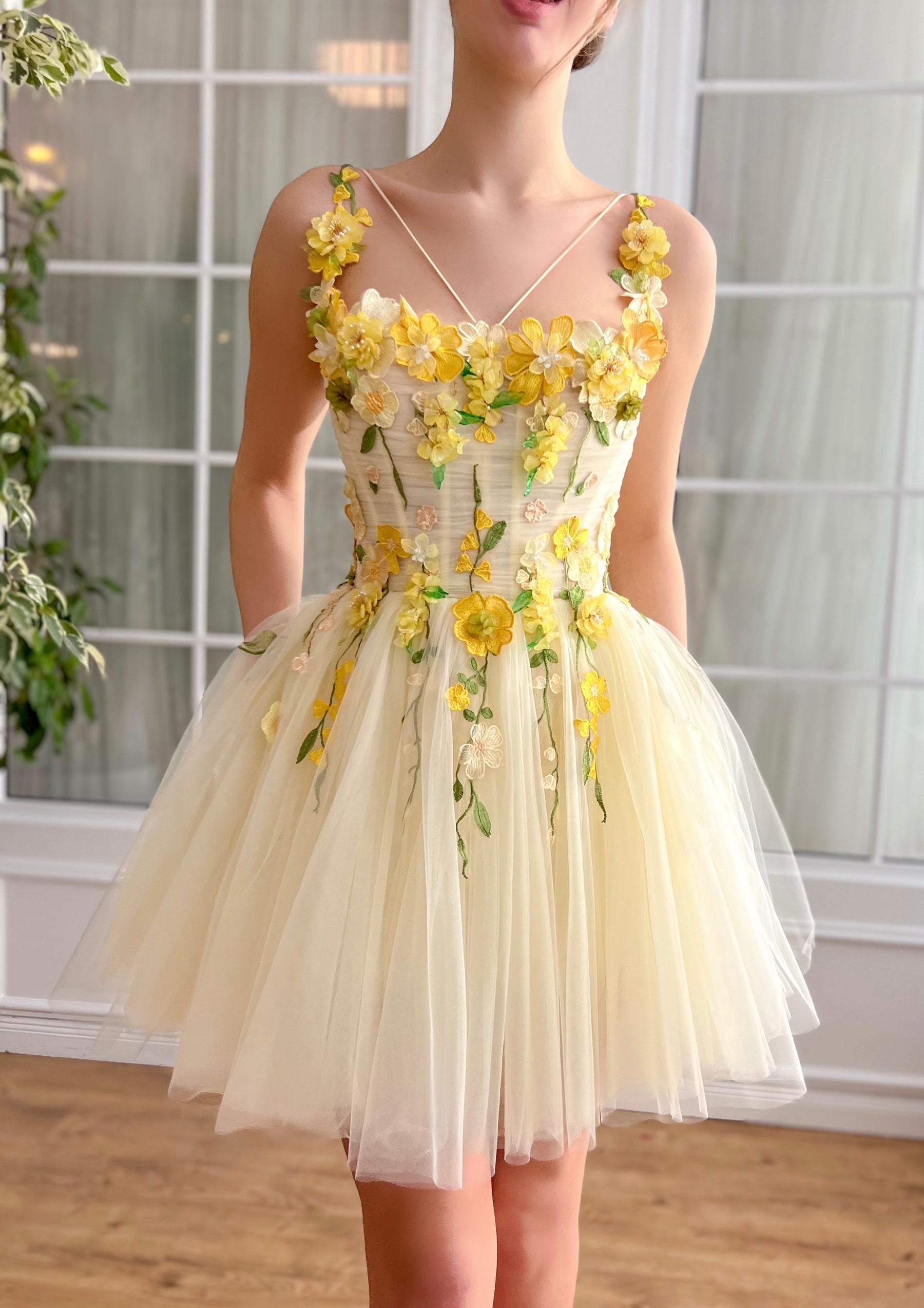 Dressime A Line Spaghetti Straps Tulle Short/Mini Party Dress With 3D Flowers