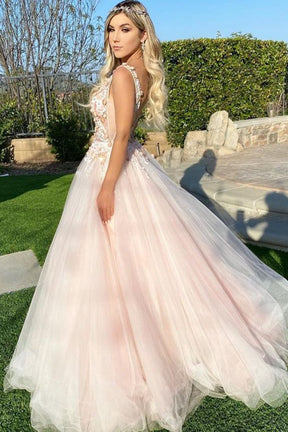 Dressime A Line Tulle V Neck Appliques Long Prom Dresses With Beads