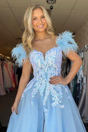 Dressime A Line Off the Shoulder Tulle Slit Long Prom Dress With Sequin Applique & Feather