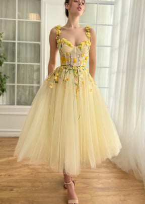 Dressime A Line Spaghetti Straps Tulle Midi Party Dress With 3D Flowers