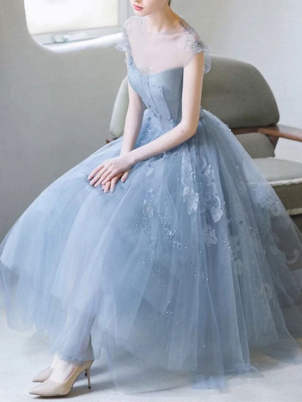 Dressime A Line Scoop Neck Tulle  Short Ankle-Length Homecoming Dress With Appliques