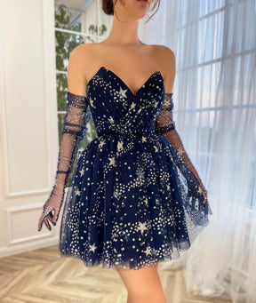 Dressime A Line Strapless Tulle Sequin Short/Mini Homecoming Dresses With Long Gloves