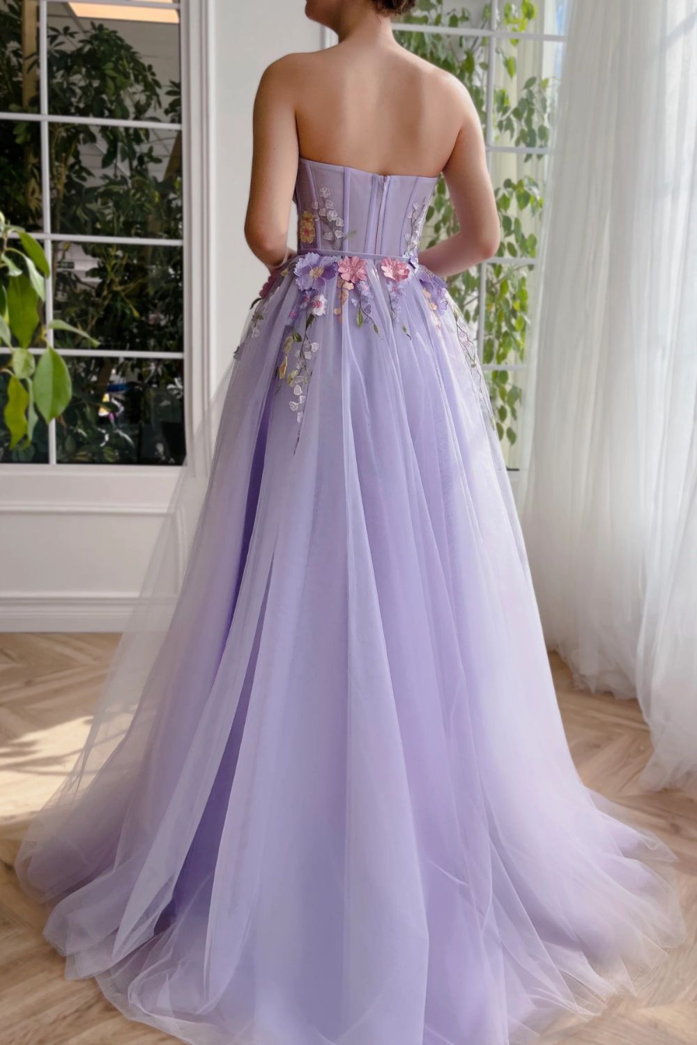 Dressime A Line Sweetheart Tulle Long Evening Dresses Prom Dresses With 3D Flower