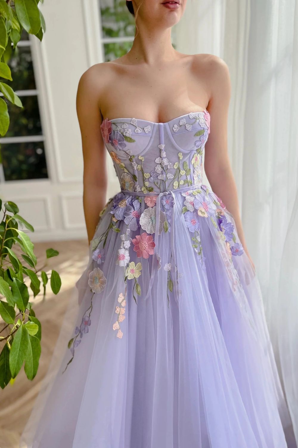 Dressime A Line Sweetheart Tulle Long Evening Dresses Prom Dresses With 3D Flower