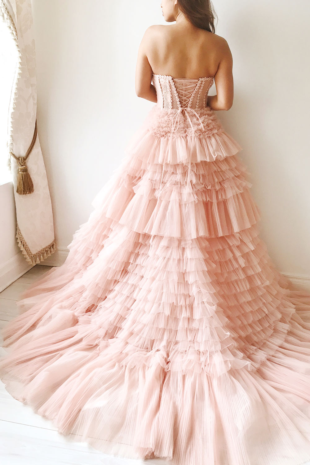 Dressime A Line Sweetheart Tulle Tiered Long Prom Dress