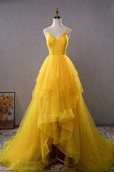 Dressime A Line Tulle V Neck High Low Prom Dress With Beads And Ruffles