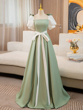 Ball Gown Square Neck Satin Long Party Dress With Puff  Sleeves
