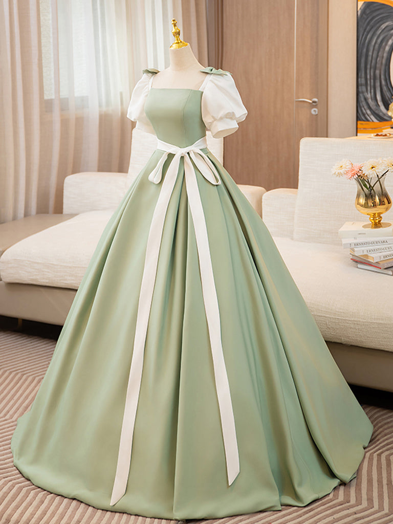 Ball Gown Square Neck Satin Long Party Dress With Puff  Sleeves