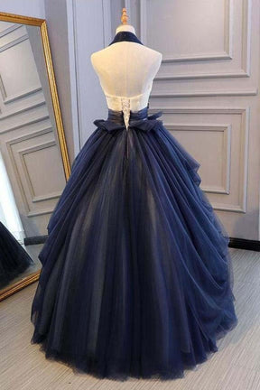 Dressime Ball Gown Halter V Neck Tulle Long Princess Dress With Appliques