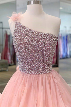 Dressime Ball Gown One Shoulder Organza Beads Pearls Long Princess Dress