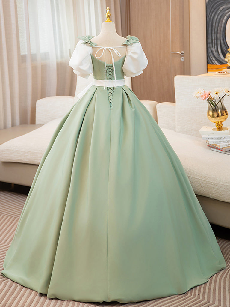 Ball Gown Square Neck Satin Long Party Dress With Puff Sleeves dressime