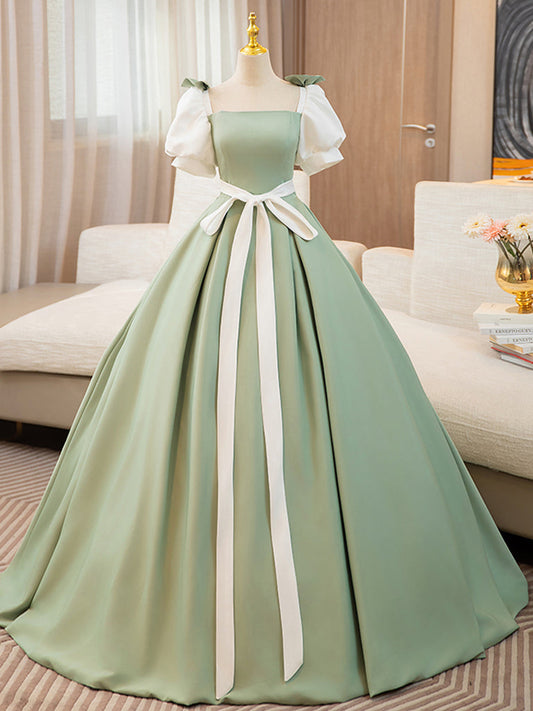 Ball Gown Square Neck Satin Long Party Dress With Puff Sleeves dressime