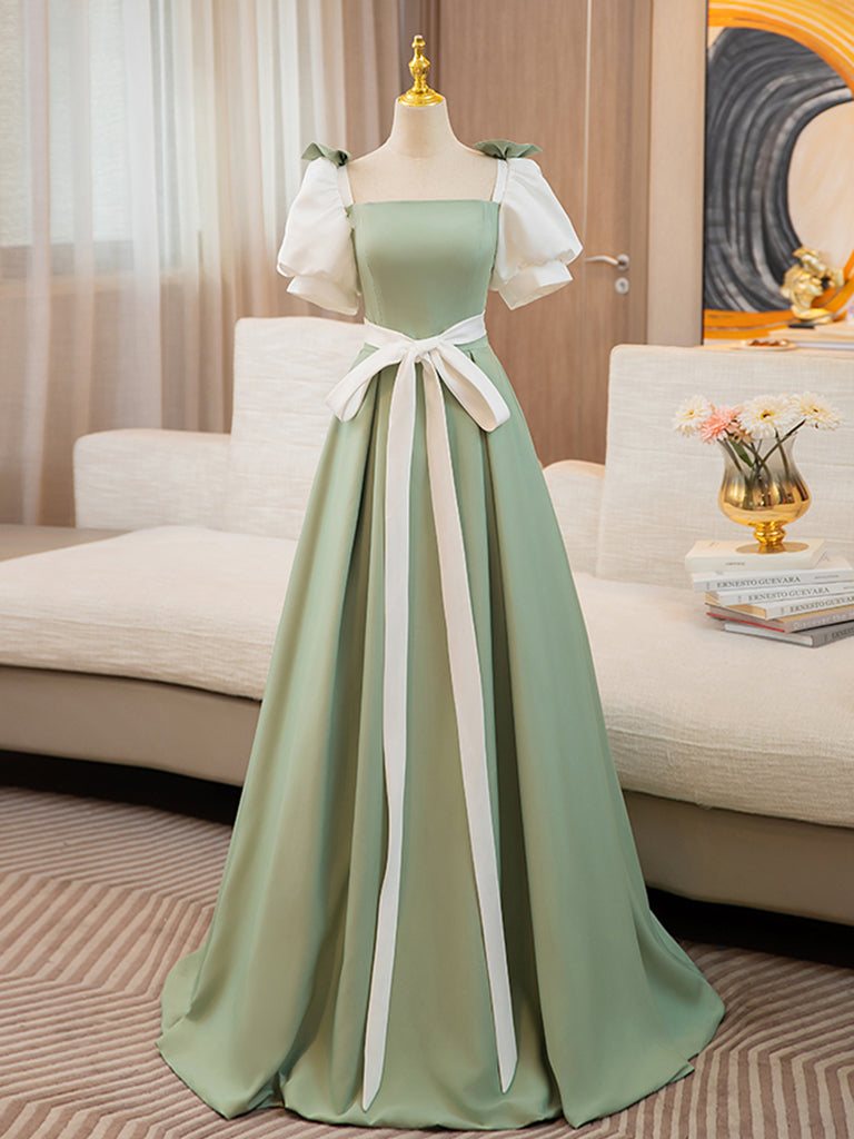 Ball Gown Square Neck Satin Long Party Dress With Puff Sleeves dressime