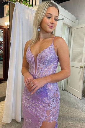 Dressime Sparkly Mermaid Spaghetti Straps Sequins Long Prom Dresses with Appliques