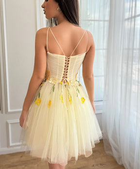 Dressime A Line Spaghetti Straps Tulle Short/Mini Party Dress With 3D Flowers