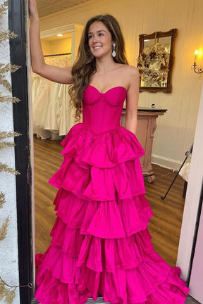 DRessime Ball Gown Strapless Tiered Long Prom Dress With Slit