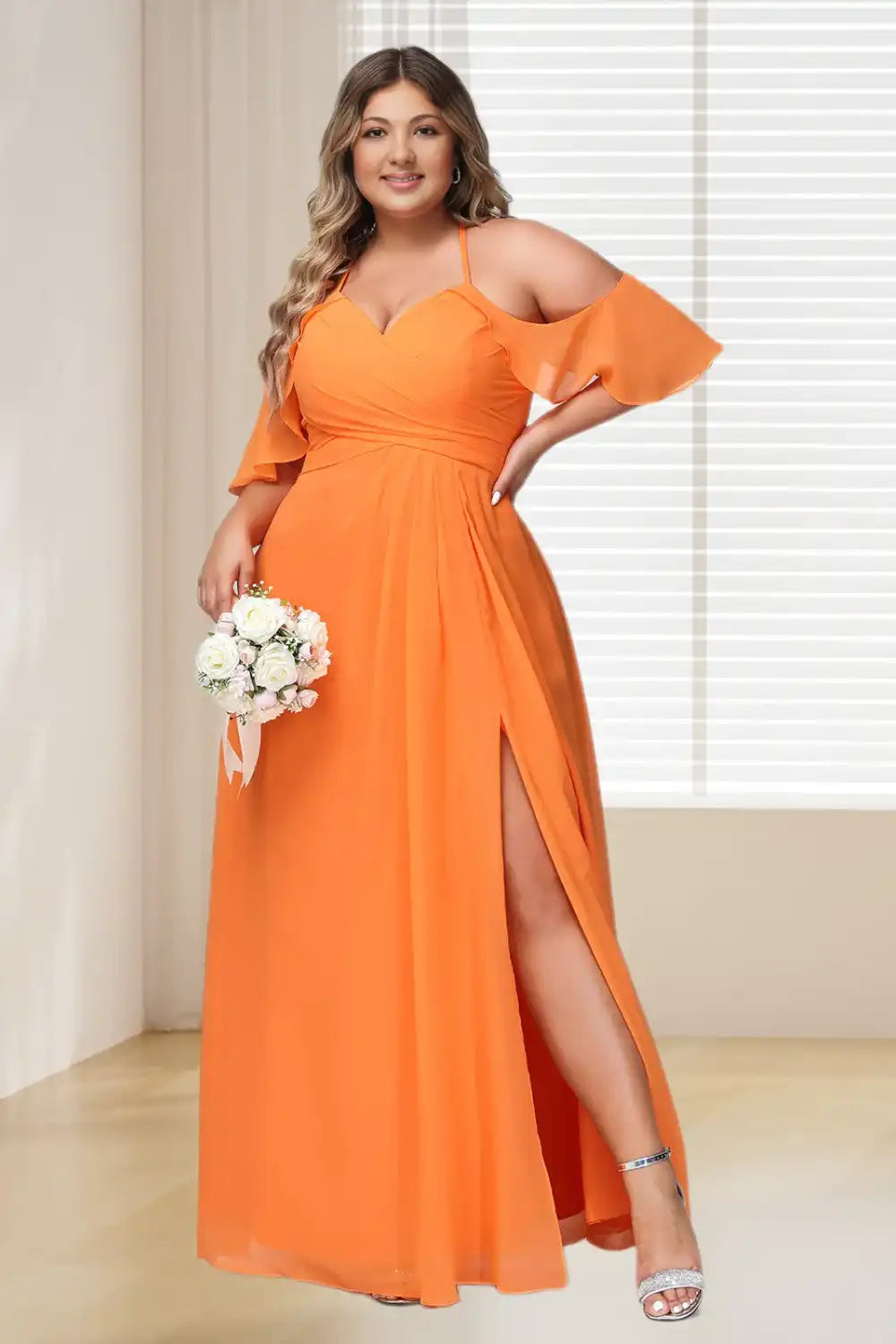 Dresime Plus Size Spaghetti Straps Ruffle Trimmed Sleeves Long Bridesmaid Dress dressime