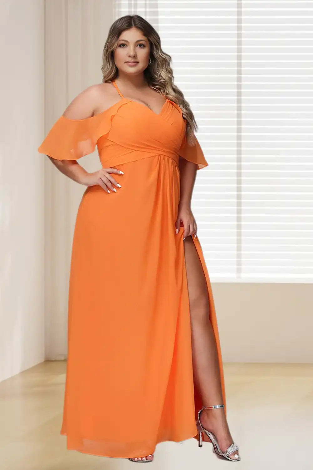 Dresime Plus Size Spaghetti Straps Ruffle Trimmed Sleeves Long Bridesmaid Dress dressime