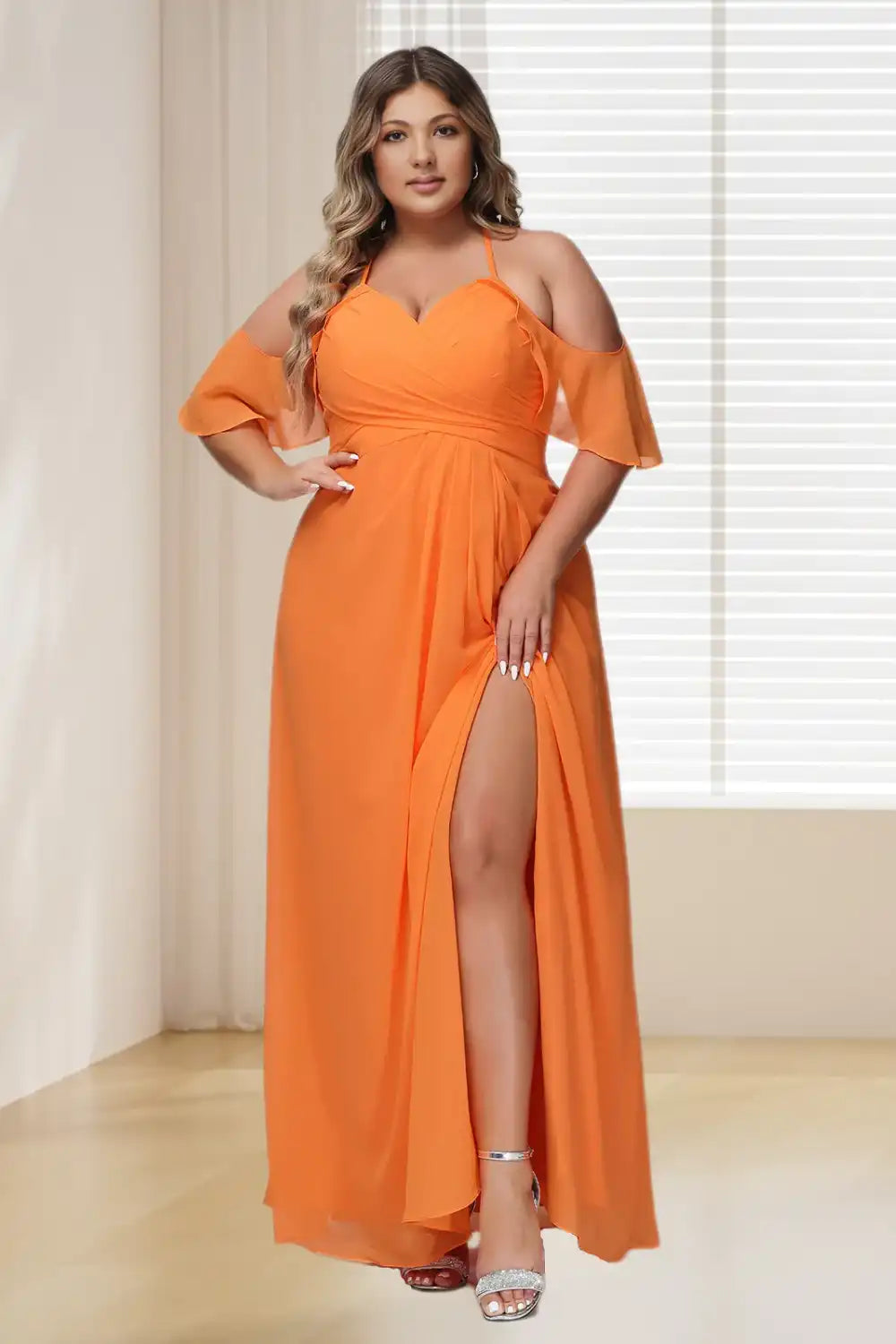 Dresime Plus Size Spaghetti Straps Ruffle Trimmed Sleeves Long Bridesmaid Dress dressime