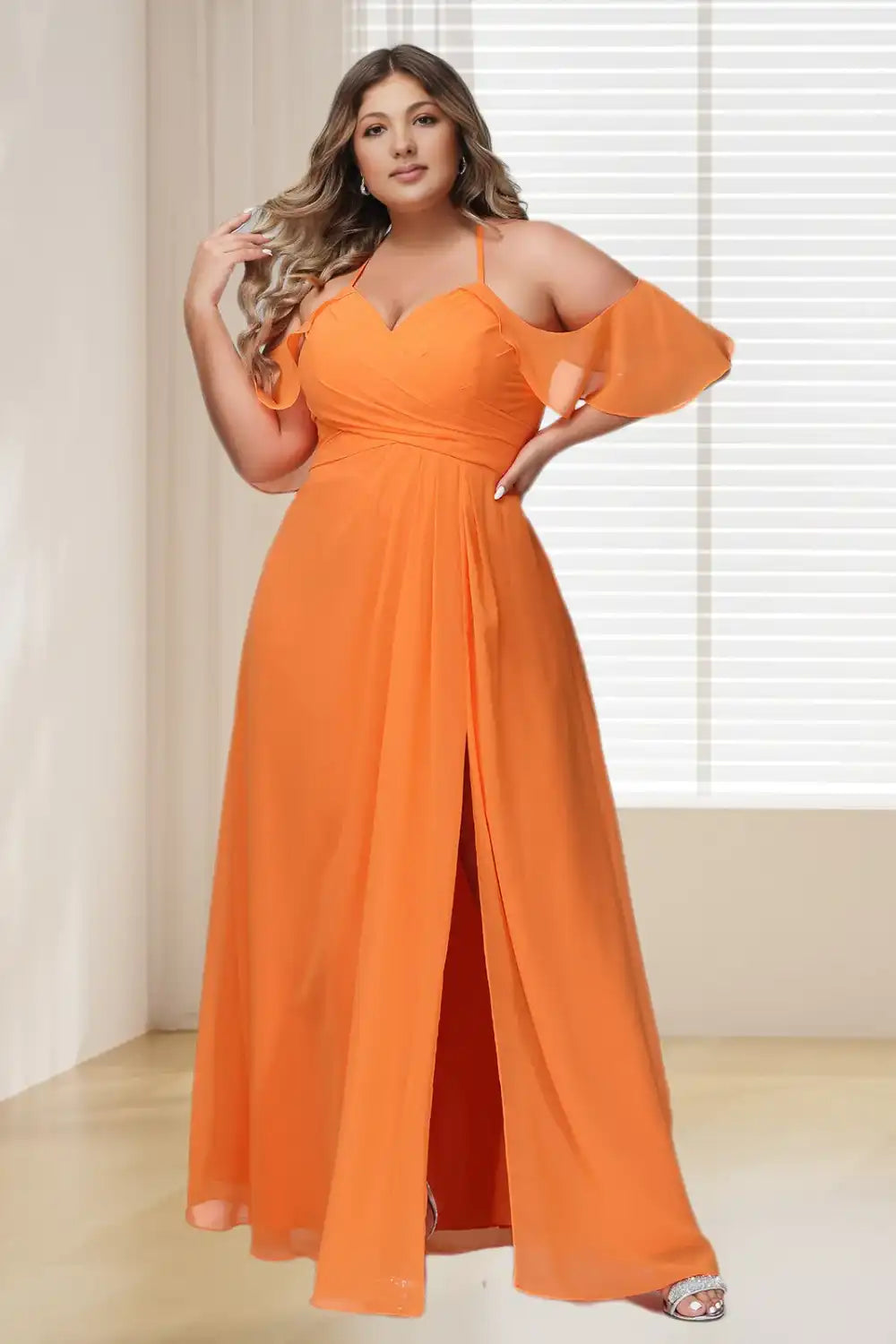 Dresime Plus Size Spaghetti Straps Ruffle Trimmed Sleeves Long Bridesmaid Dress dressime